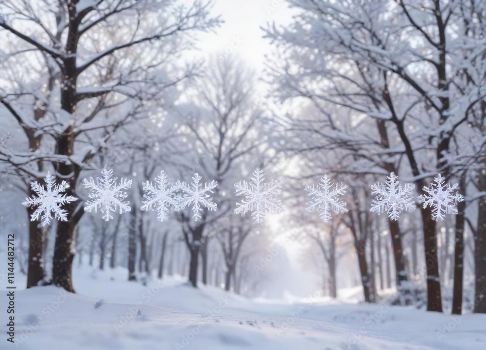 Six sparkling snowflakes in a row against a backdrop of soft white winter sky and snow-covered trees, snow covered trees, icy formations, gold finish Six sparkling snowflakes in a row against a backdrop of soft white winter sky and snow-covered trees, snow covered trees, icy formations, gold finish