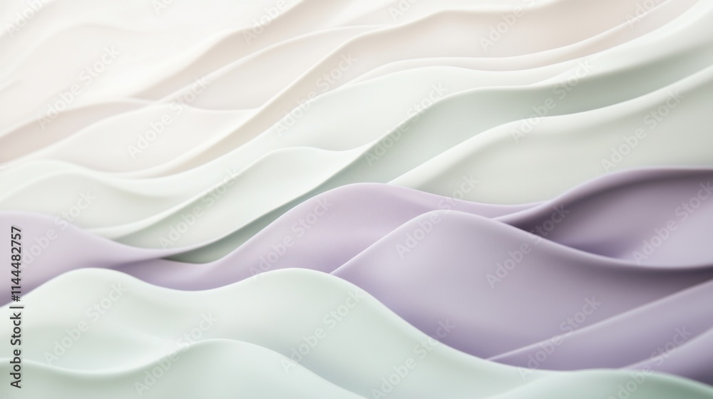 Graceful layers of soft mint, pale cream, and delicate lilac unfold in smooth, flowing waves, evoking the serene rhythm of a tranquil sea under gentle morning light Graceful layers of soft mint, pale cream, and delicate lilac unfold in smooth, flowing waves, evoking the serene rhythm of a tranquil sea under gentle morning light