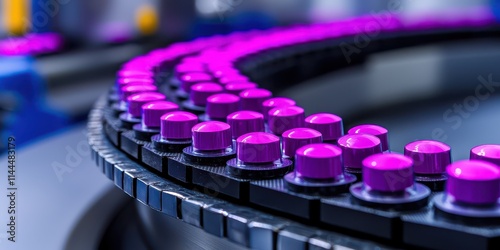 A close-up of a conveyor belt featuring vibrant purple buttons, highlighting a modern manufacturing or packaging process in an industrial setting.