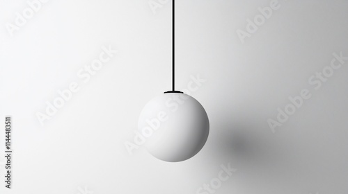 Minimalist white sphere pendant lamp hanging against a white wall.