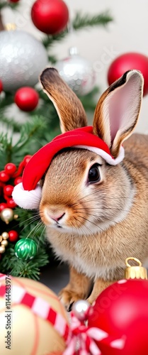 there is a rabbit wearing a santa hat next to christmas decorations. photo