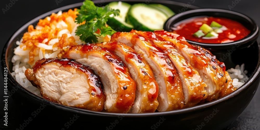 A delicious plate featuring sliced grilled chicken with a glossy glaze, served alongside rice, fresh vegetables, and a tangy dipping sauce. A delicious plate featuring sliced grilled chicken with a glossy glaze, served alongside rice, fresh vegetables, and a tangy dipping sauce.