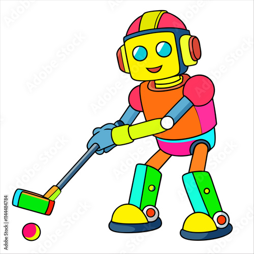 A robot hitting a golf ball on a course.