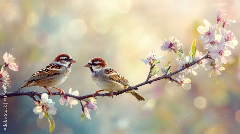 Fototapeta premium Two Sparrows Perched on a Blooming Branch in Soft Focus Background