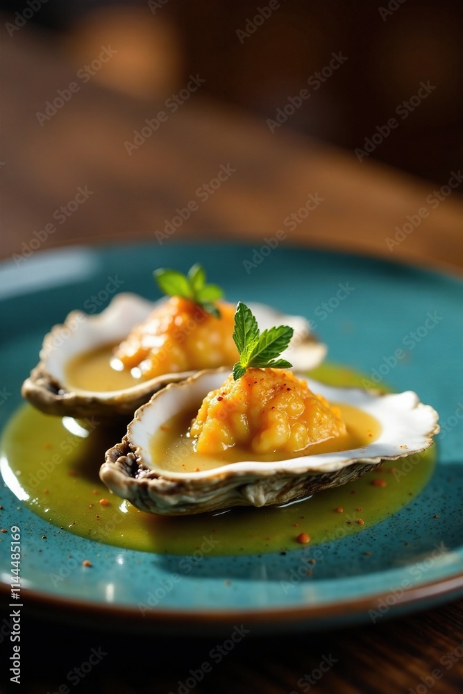 Softly glowing plate with oyster halves on warm butter, dinner, fine dining Softly glowing plate with oyster halves on warm butter, dinner, fine dining