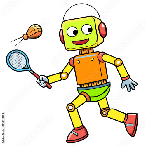 A robot playing badminton, hitting a shuttlecock.