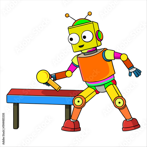 A robot playing table tennis, hitting the ball.