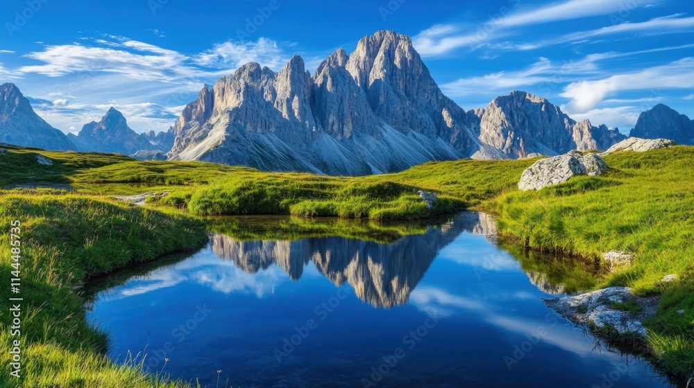 Scenic Mountain Landscape with Reflection in Calm Blue Water Scenic Mountain Landscape with Reflection in Calm Blue Water