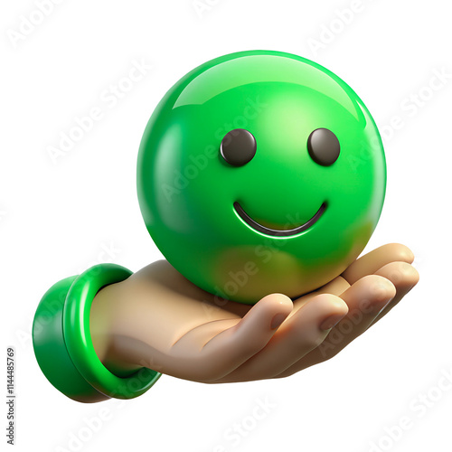 Cut out 3D render Hand holding green happy smile face ball on transparent background. World compliment day, child wellness,world mental health day concept.