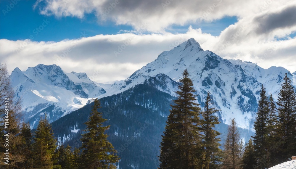 Majestic Snow-Capped Mountains with Pine Trees and a Dramatic Sky in Winter Majestic Snow-Capped Mountains with Pine Trees and a Dramatic Sky in Winter
