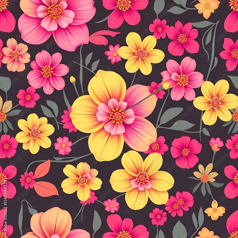 Floral Fiesta Seamless Pattern: A vibrant and captivating seamless pattern featuring a captivating array of pink and yellow flowers on a deep black background. Floral Fiesta Seamless Pattern: A vibrant and captivating seamless pattern featuring a captivating array of pink and yellow flowers on a deep black background.