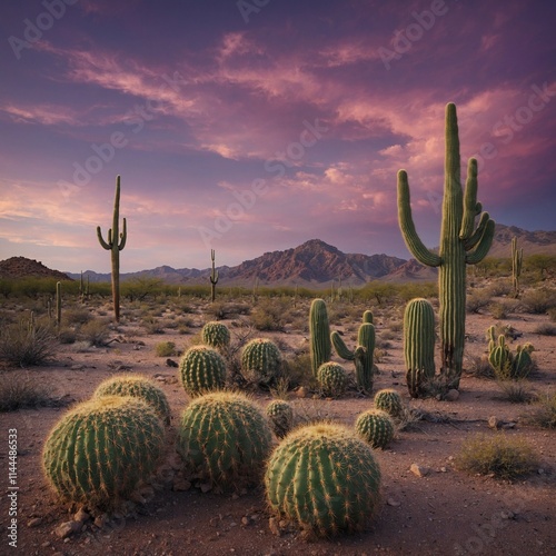 A tranquil desert landscape with blooming cacti and soft purple skies.