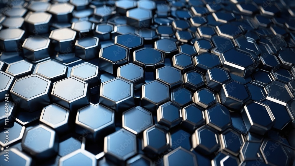 Intricate pattern of metallic hexagons showcases depth and reflection in a visually striking abstract design Intricate pattern of metallic hexagons showcases depth and reflection in a visually striking abstract design