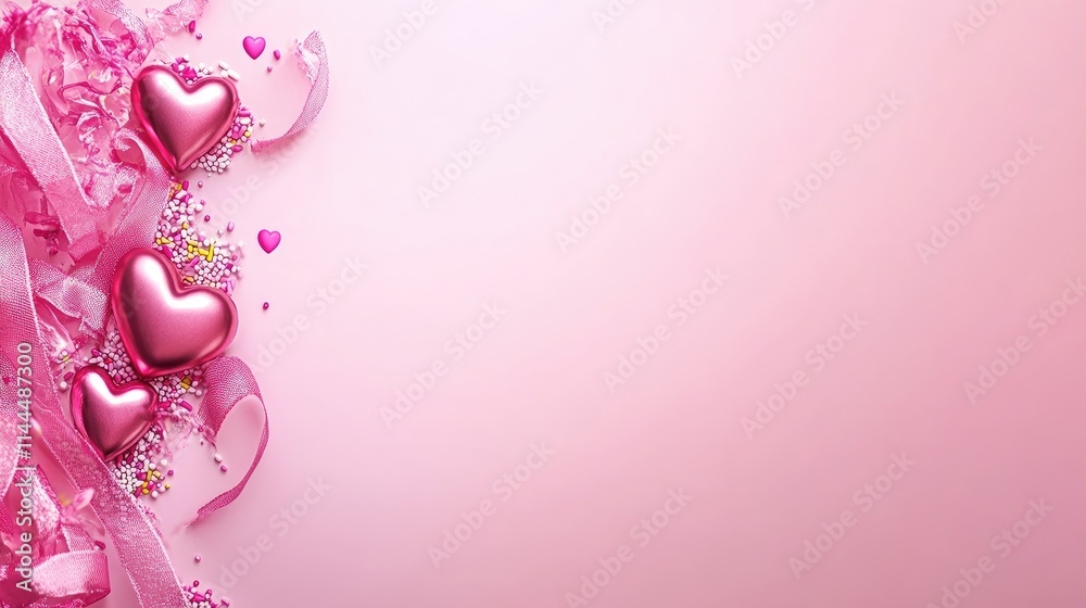 Close-up of decorative heart candies and sprinkles on a pastel pink background, symbolizing love, joy, and sweet celebrations Close-up of decorative heart candies and sprinkles on a pastel pink background, symbolizing love, joy, and sweet celebrations