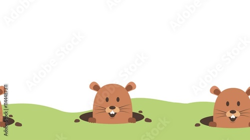 Animation of a groundhog character going in and out of a hole cheerfully, alpha channel setting, looping animation