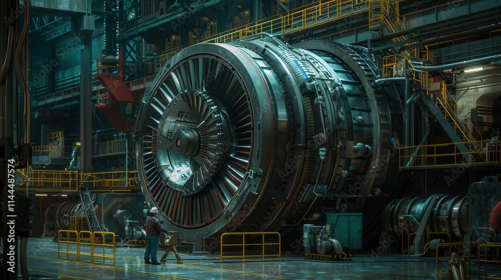 colossal industrial turbine inside a high-tech manufacturing facility, showcasing engineering excellence and modern technology in heavy machinery colossal industrial turbine inside a high-tech manufacturing facility, showcasing engineering excellence and modern technology in heavy machinery