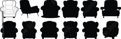 Armchair silhouettes set, furniture pack of vector silhouette design, isolated background