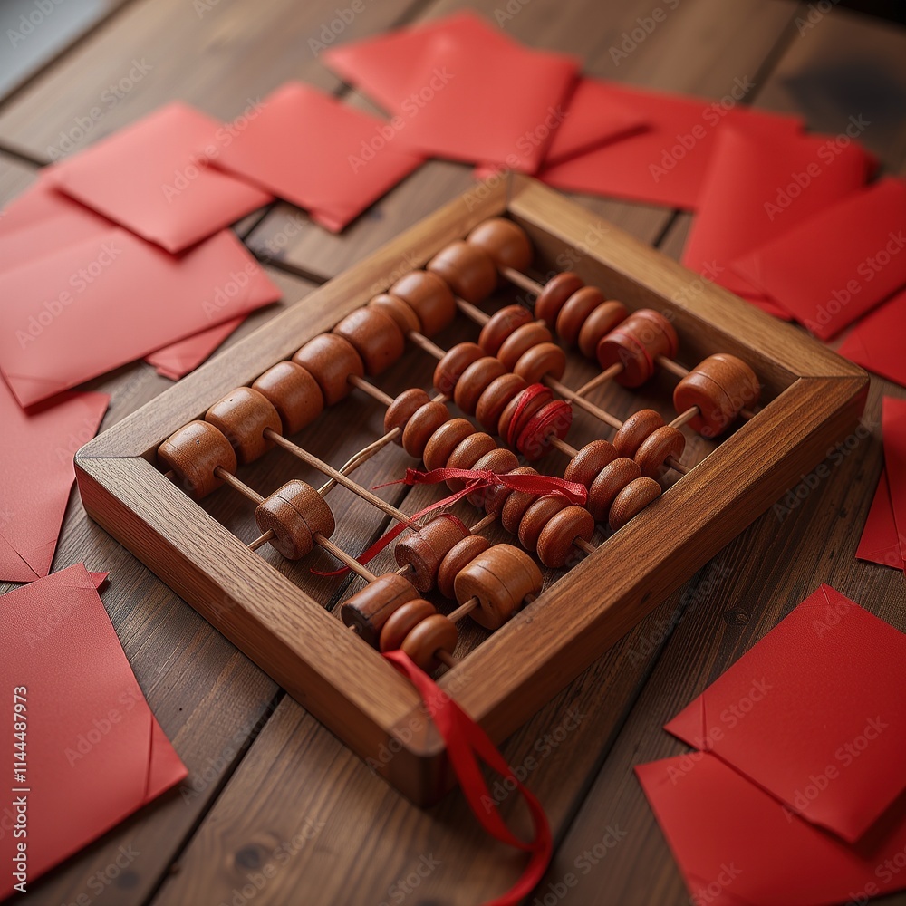 Abacus and red envelopes on wooden table. Abacus and red envelopes on wooden table.