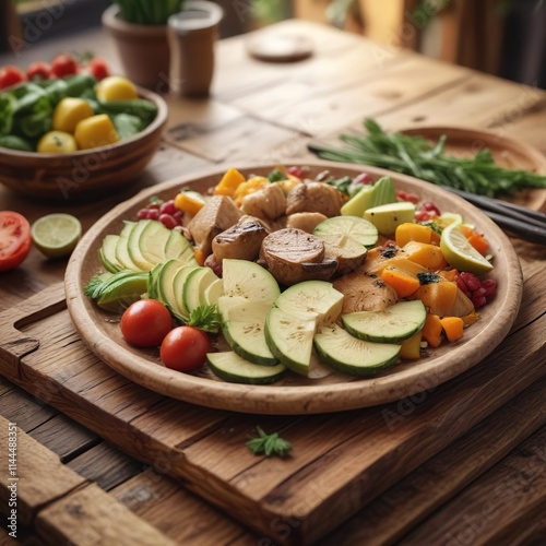 Un plato de cebollas frescas y lechugas en una mesa de madera r?stica clara, lechuga, vegetales photo