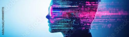 Halfhuman, halfdigital face glitching as binary code leaks through, abstract neon art, vibrant tones photo
