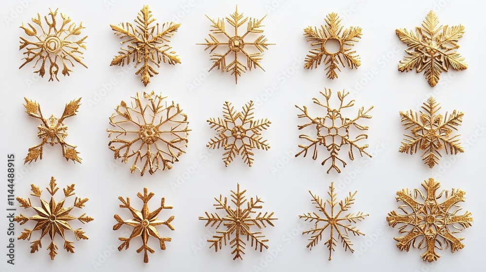 A collection of gold snowflakes set on a clear backdrop A collection of gold snowflakes set on a clear backdrop