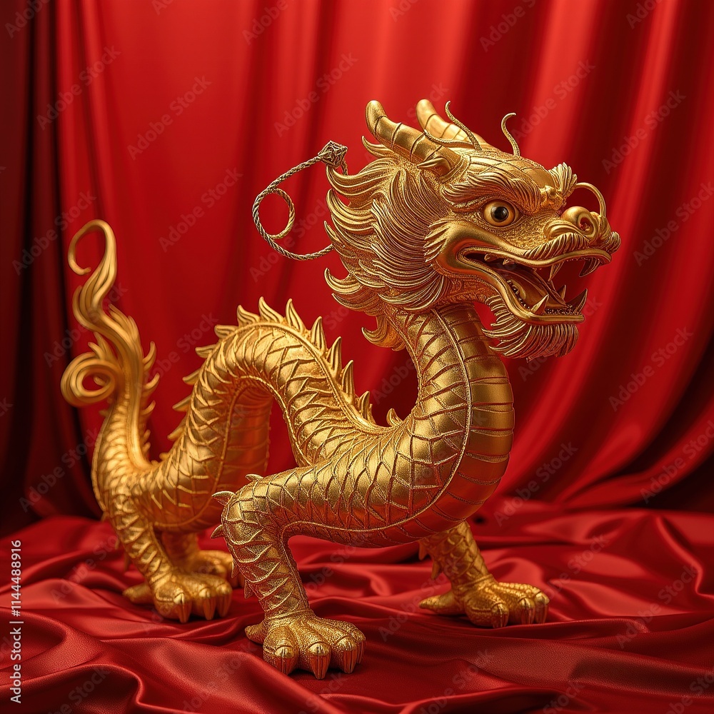 Obraz premium Golden dragon figurine on red fabric background.