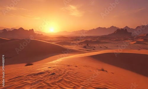 Warm orange sunset over a vast desert landscape, outdoor environments, deserts, vast spaces photo