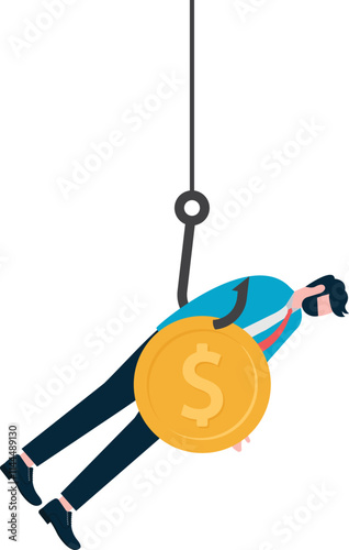 A man sits on dollar caught on a fishing rod. Illustration for click bait, digital phishing, online marketing.
