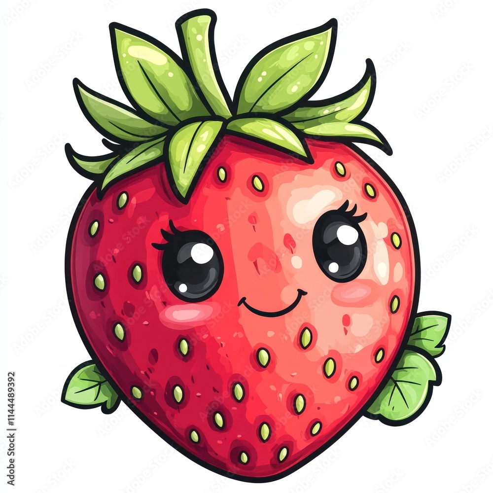 Obraz premium Cute cartoon strawberry with big eyes and smiling face.
