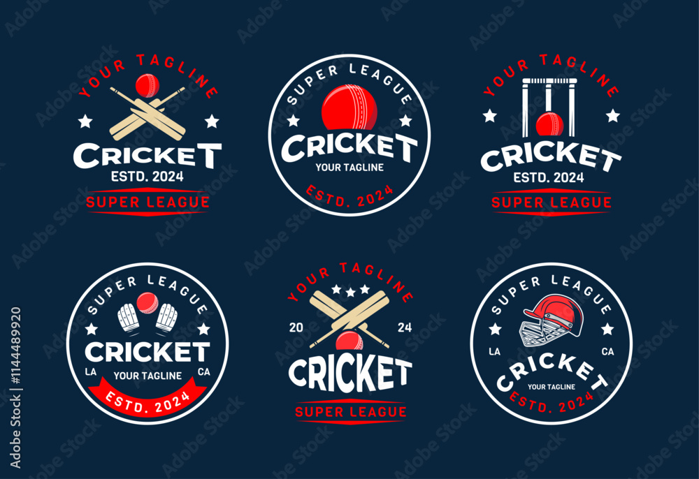 Obraz premium Set of cricket Logo sign badge. Cricket logo with shield background vector design collection