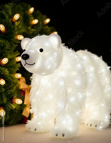 lighted polar bear next to christmas tree with lights on it. photo