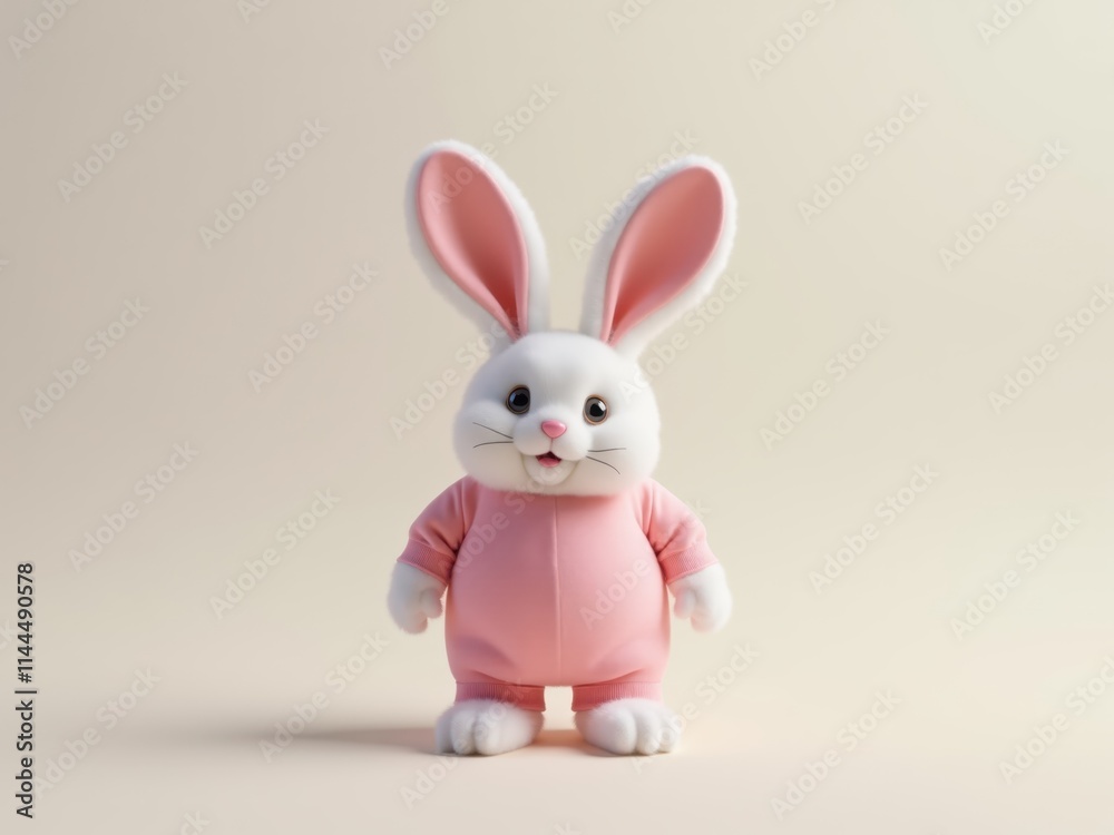 Adorable cartoon rabbit wearing pink clothes standing on pastel background