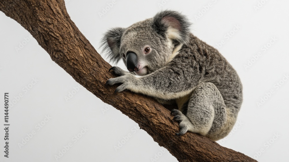 Obraz premium close-up of a koala bear on a tree branch against a white background