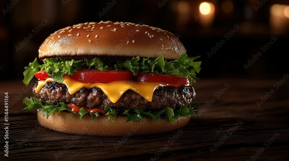 A delicious cheeseburger with fresh toppings. A delicious cheeseburger with fresh toppings.
