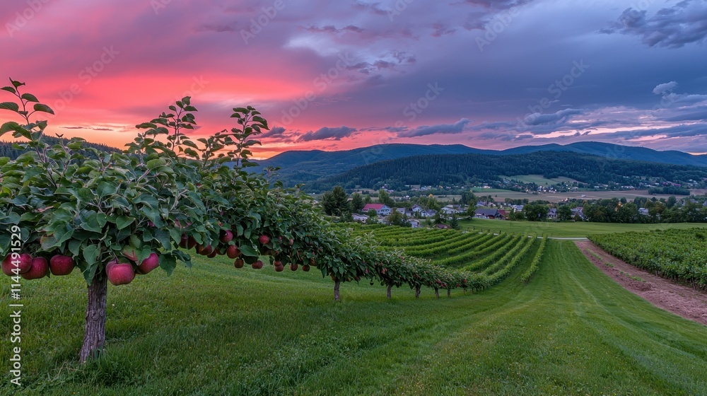 Naklejka premium Serene apple orchard at sunset with vibrant colors.