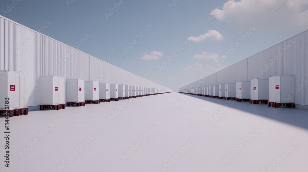 A vast, empty space flanked by rows of shipping containers under a clear blue sky, creating a sense of depth and perspective. A vast, empty space flanked by rows of shipping containers under a clear blue sky, creating a sense of depth and perspective.