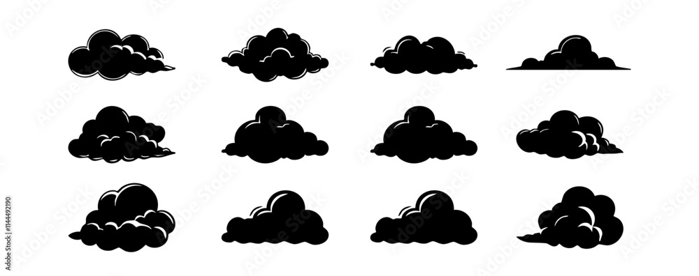 Set of clouds silhouette isolated on white background. Graphic weather sky cloud collection. Vector illustration