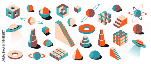 Abstract retro psychedelic 3D shapes collection with vibrant colors. Planets, UFOs, cubes and spheres in vintage brutalist style. Perfect for posters, wall art or creative design templates