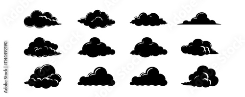 Set of clouds silhouette isolated on white background. Graphic weather sky cloud collection. Vector illustration