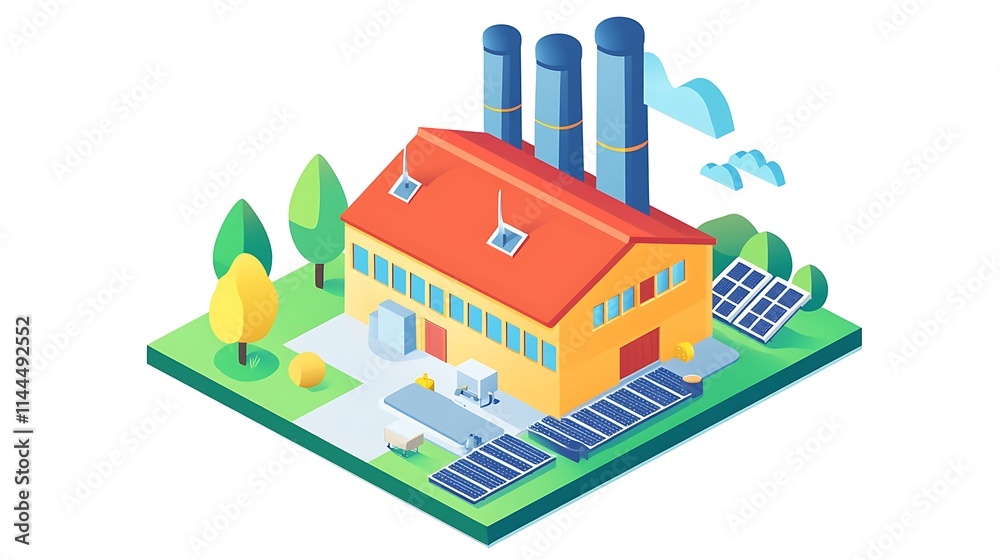 Obraz premium A power grid where renewable energy sources like wind and solar are being added to a traditional coal-fired power plant. 