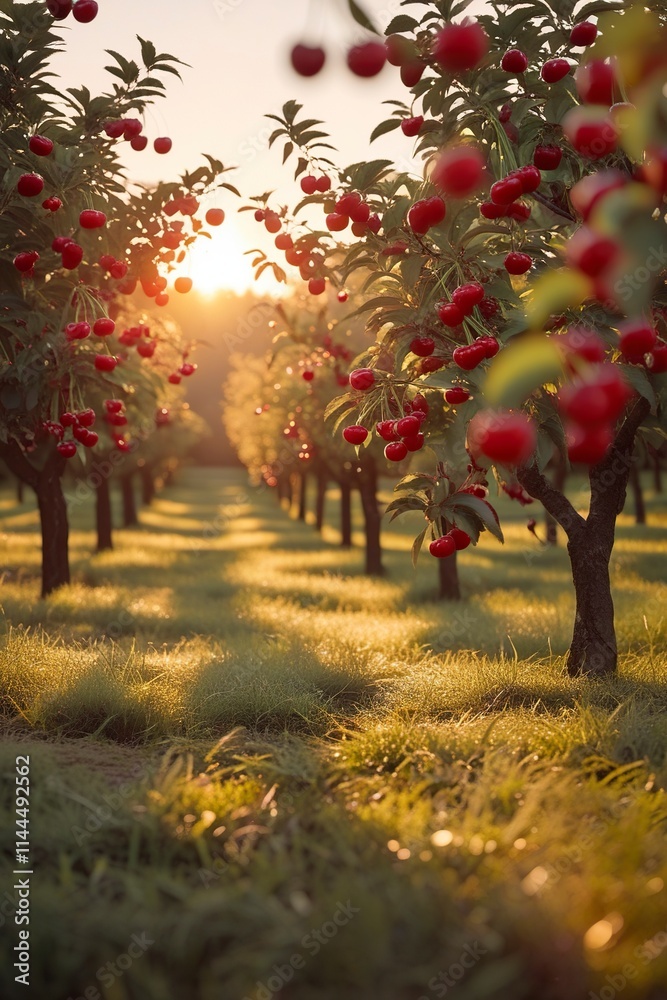 Naklejka premium A dreamy cherry orchard at golden hour, bathed in soft, warm light. The cherry trees are adorned with ripe red cherries, and the setting features delicate shadows stretching across the grass