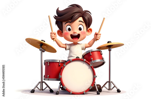 Young boy joyfully playing a red drum set with enthusiasm and energy photo