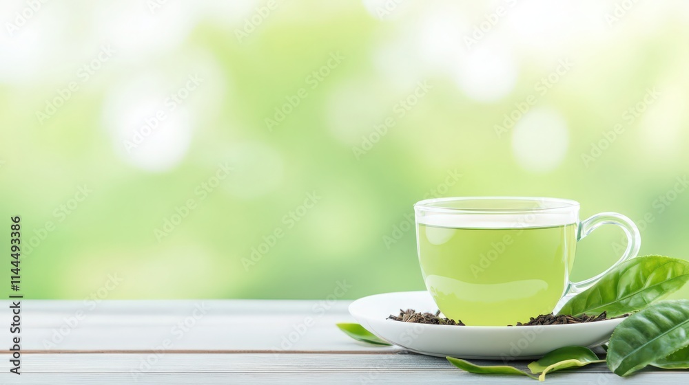 A cup of green tea is on a white plate with a leaf on it A cup of green tea is on a white plate with a leaf on it