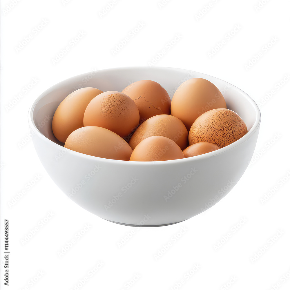 Fresh eggs in a white bowl on white background. Close-up showing natural colors and textures, highlighting eggs as a staple protein source. AI generated image. Fresh eggs in a white bowl on white background. Close-up showing natural colors and textures, highlighting eggs as a staple protein source. AI generated image.