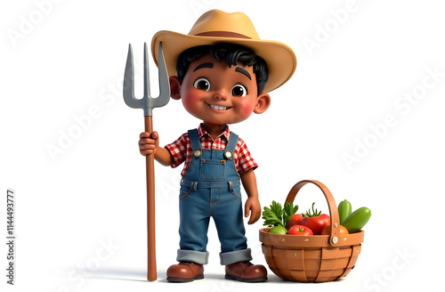 Wallpaper Mural Young farmer smiles while holding a pitchfork and standing next to a basket of vegetables Torontodigital.ca