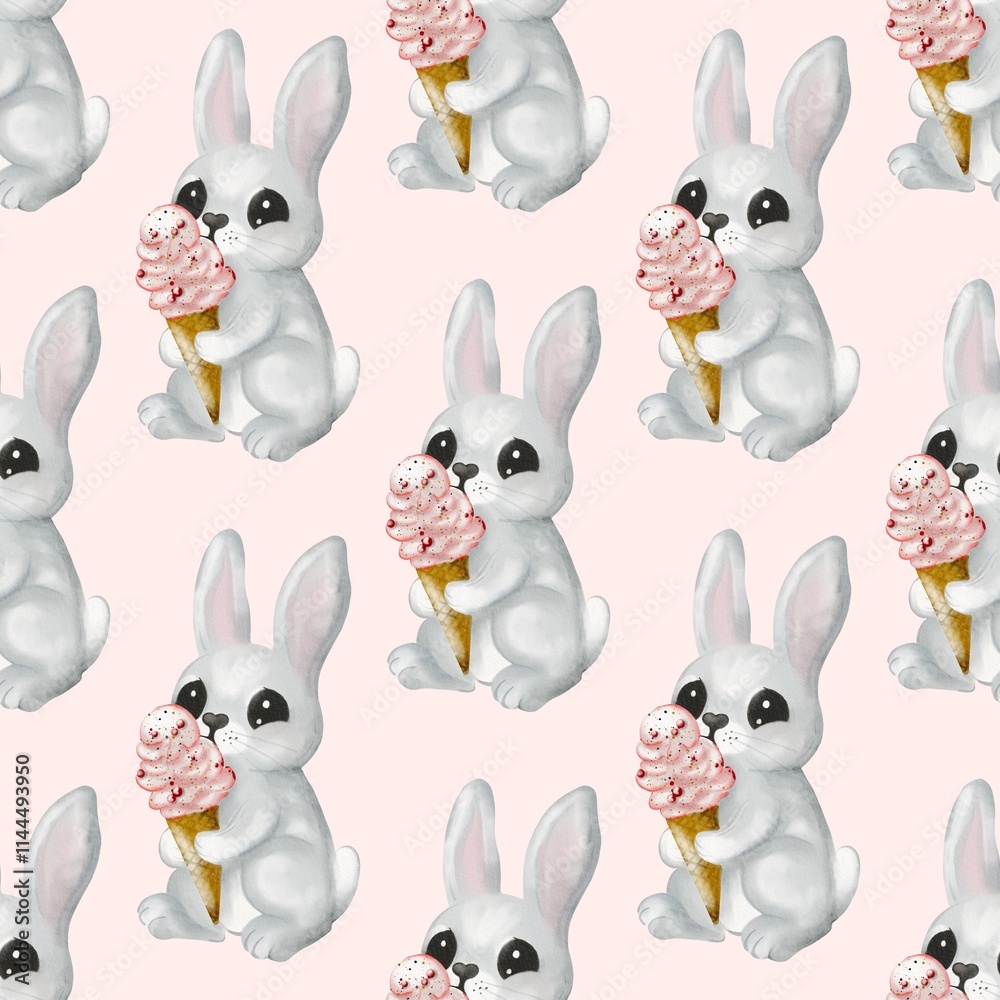 Fototapeta premium Whimsical cream-colored hare holding ice cream pattern for textile and packaging designs