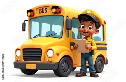 Happy bus driver stands next to colorful school bus with clipboard outdoors