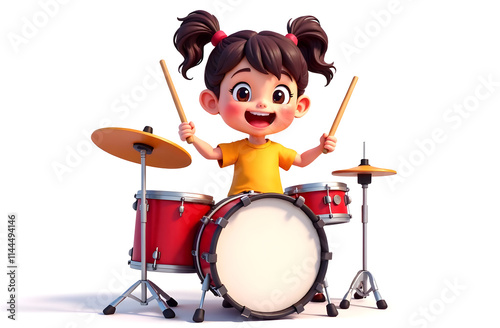 Young girl joyfully playing drums in a bright and colorful setting