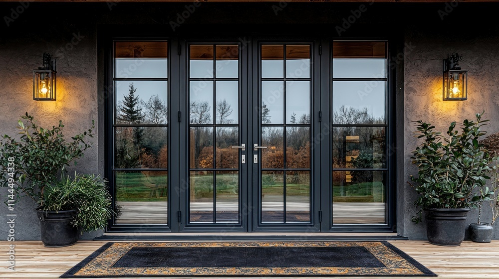 Fototapeta premium Elegant entrance with double doors and potted plants.