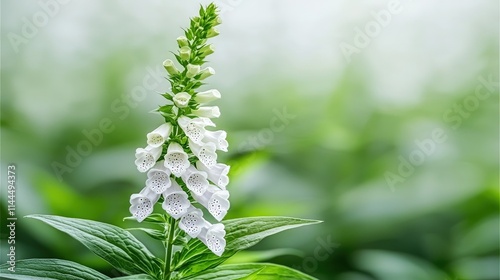 Close-up of a single white foxglove flower with blurred green background.